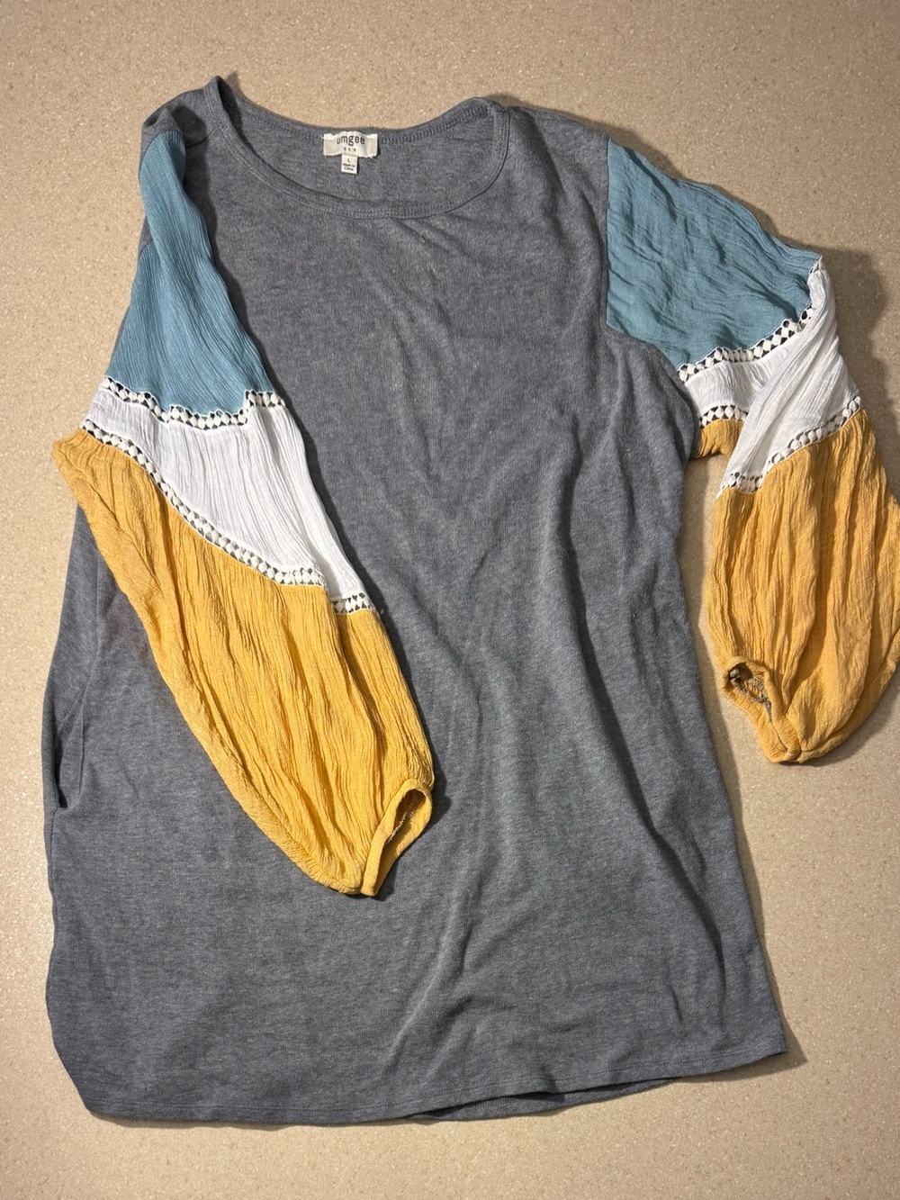 Umgee Gray Top with Mustard, Teal & White Puff Sleeves